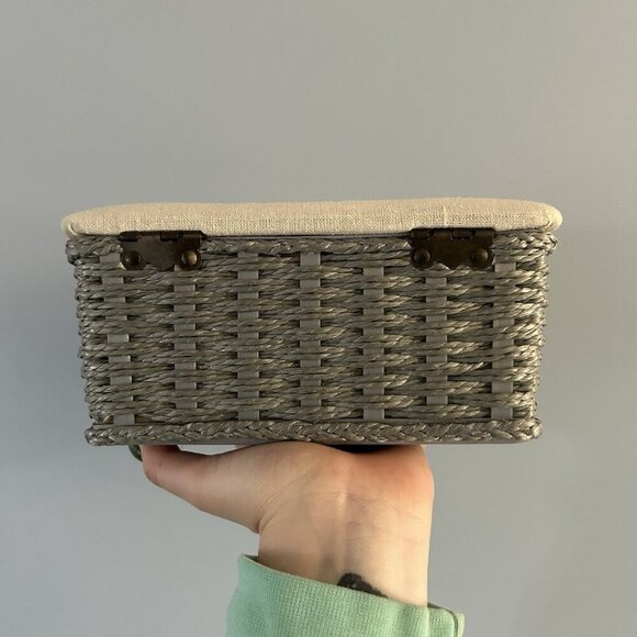 Sewing Sew Basket Box Jewelry Gray Rattan Wicker Seamstress Storage - Picture 4 of 9